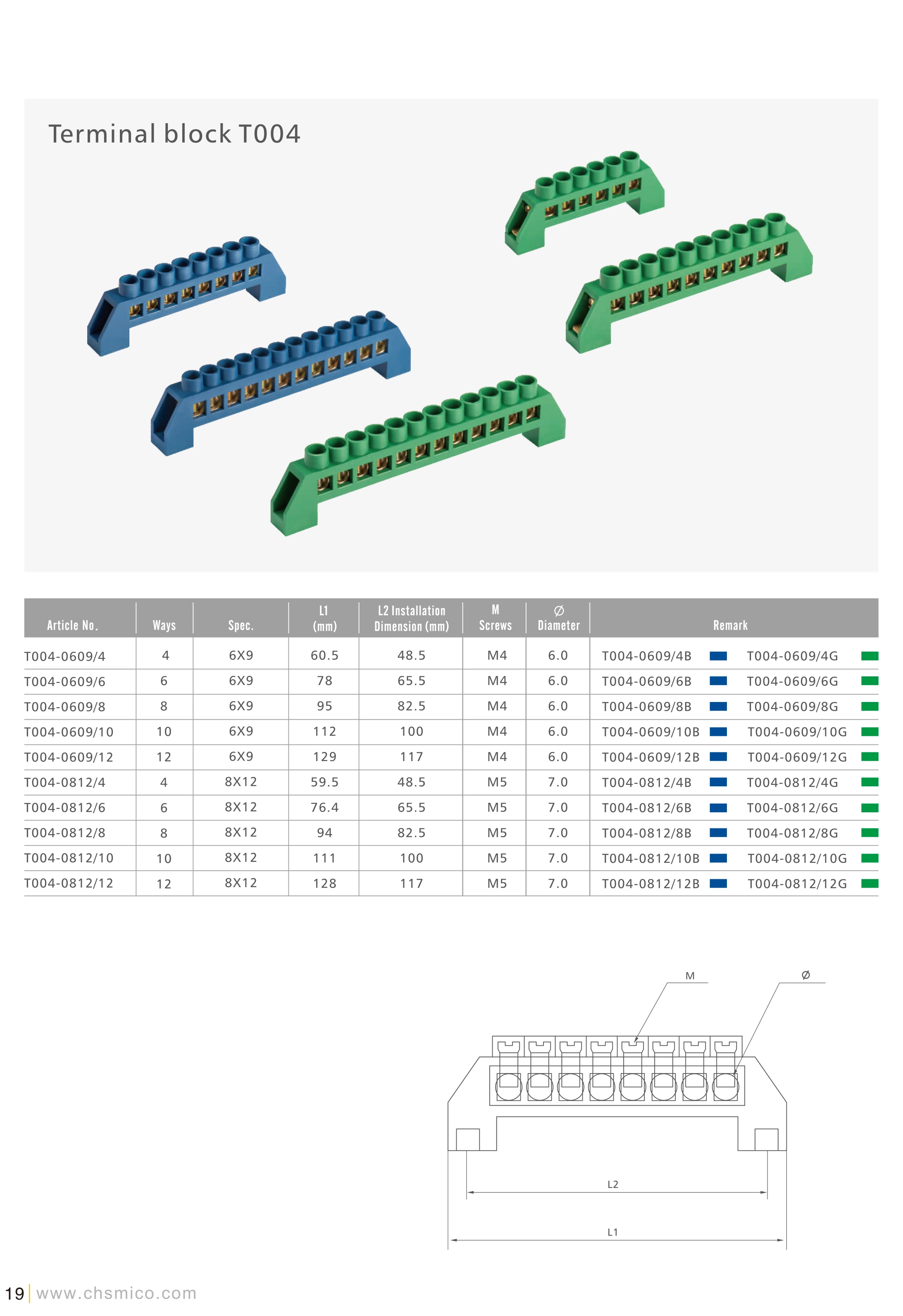 T004 Series Copper Terminal Blocks M4 M5 Screw distribution block with brass