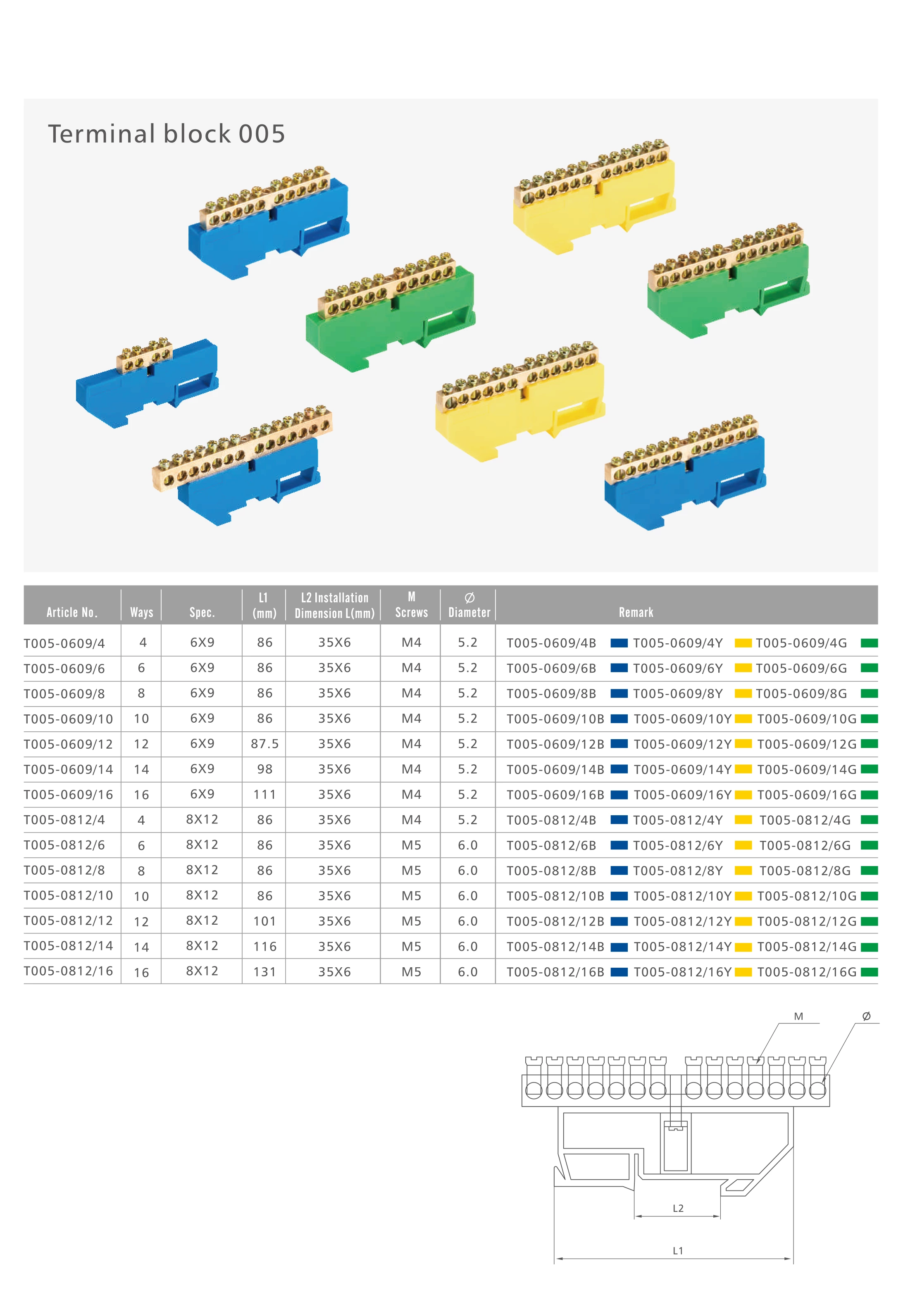 Copper Terminal Blocks T005 Series M4 M5 Screw distribution block with brass