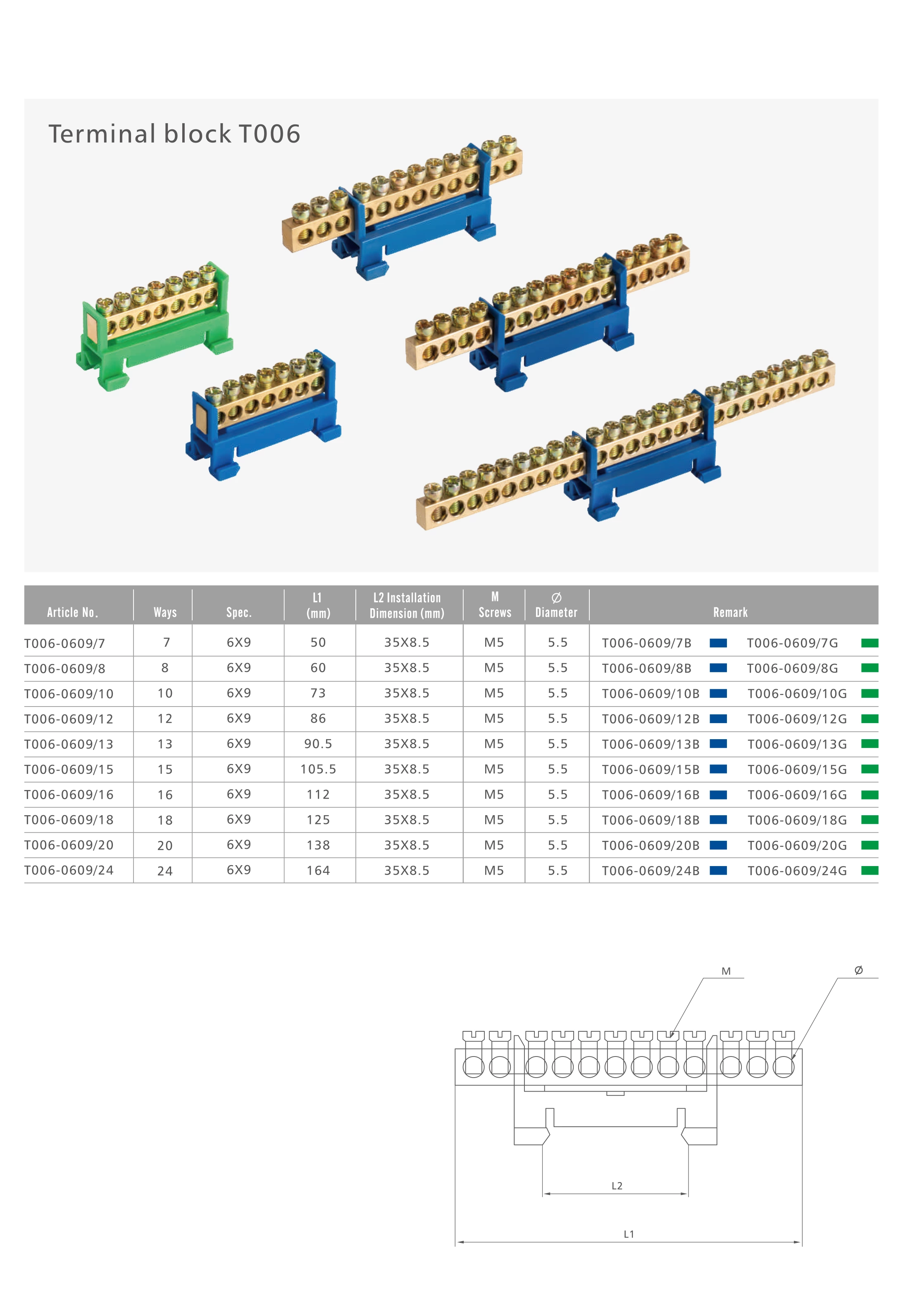 Copper Terminal Blocks T006 Series 7/8/10/12/13/15/16/18/20/24ways M5 Screw distribution block with brass