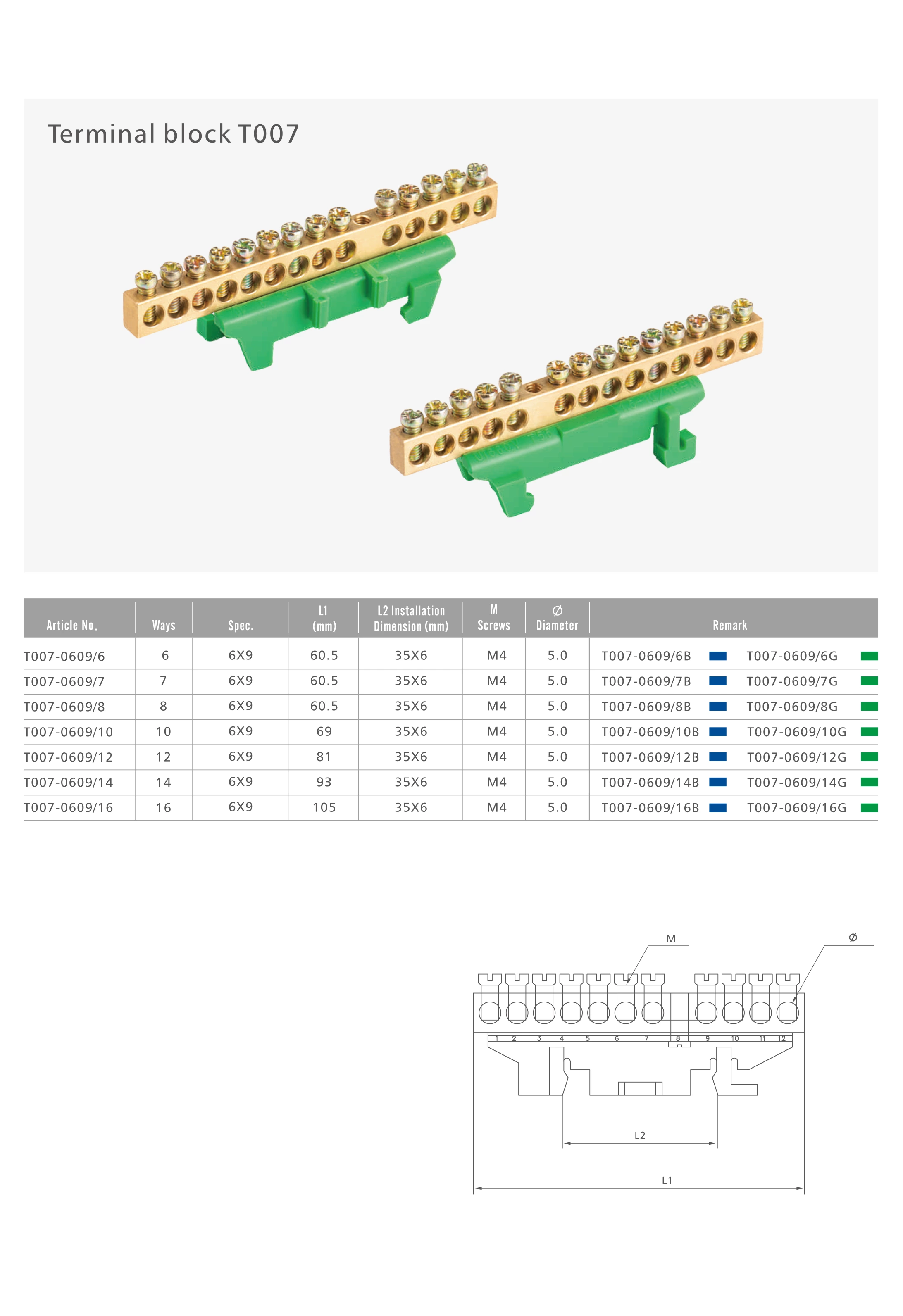 Copper Terminal Blocks T007 Series 6/7/8/10/12/14/16ways M4 Screw distribution block with brass