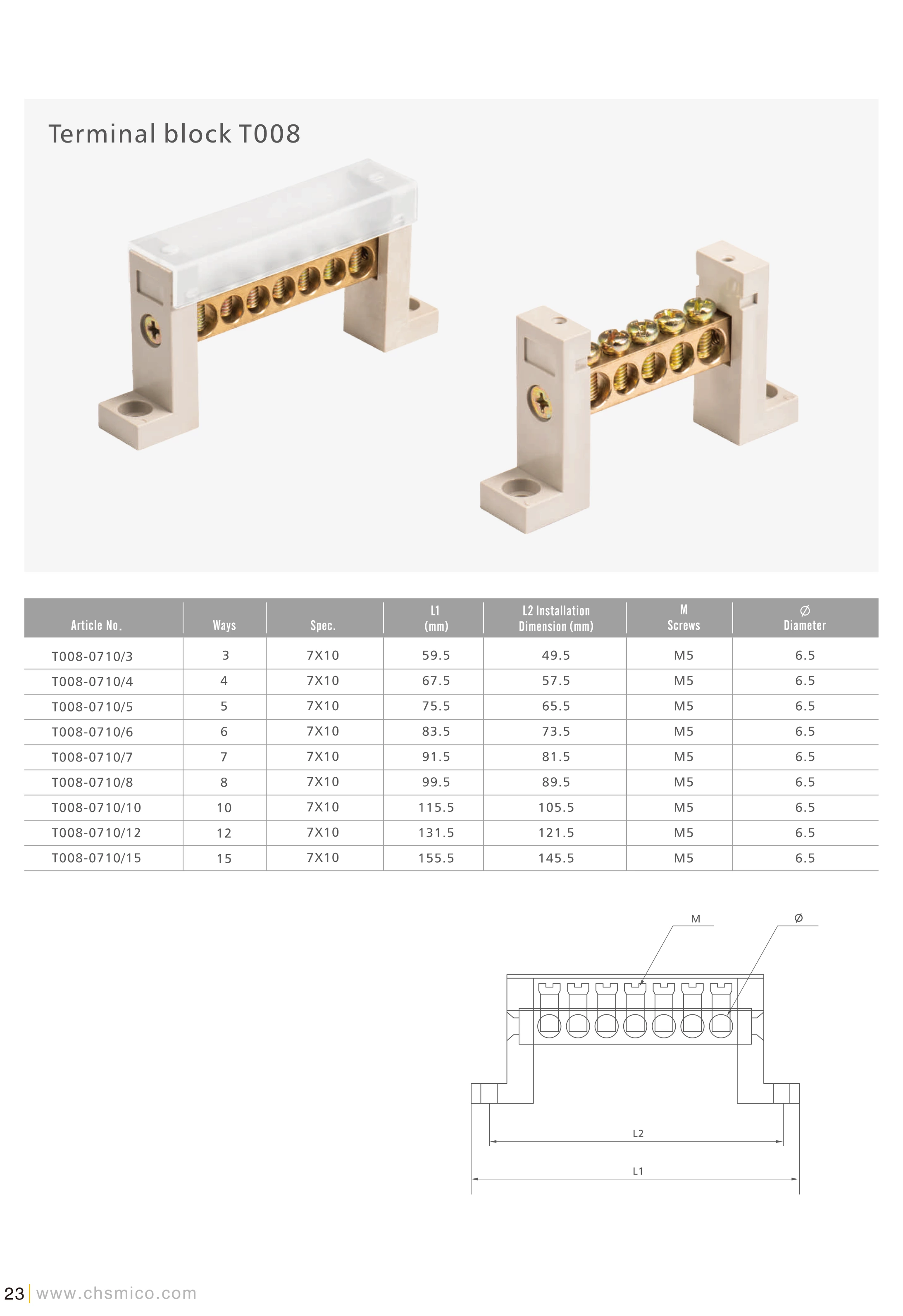 T008 Series Copper Terminal Blocks 3/4/5/6/7/8/10/12/15 Ways M5 Screw distribution block with brass