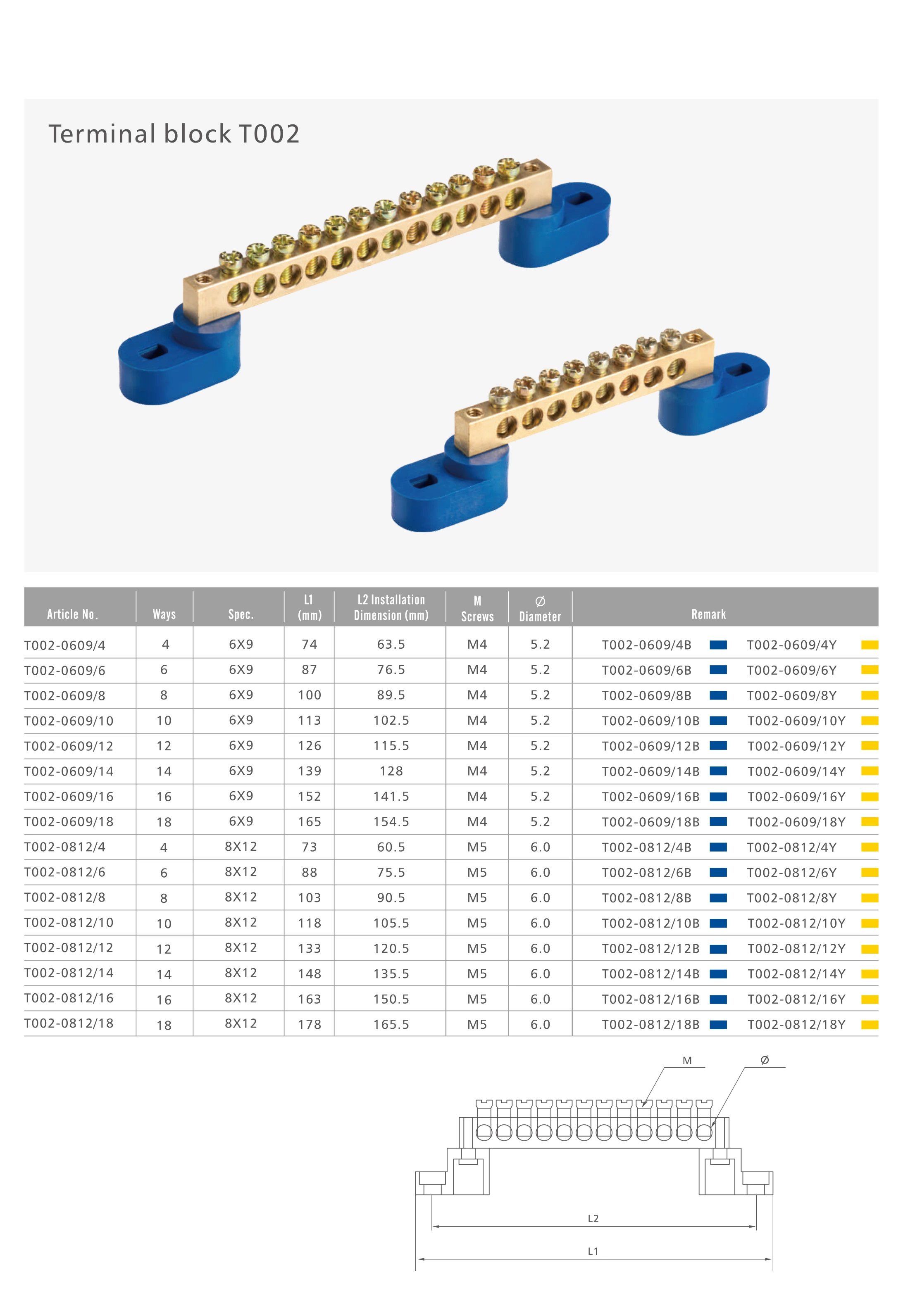 T002 Series Copper Terminal Blocks 4/6/8/10/12/14/16/18 Ways Screw distribution block with brass