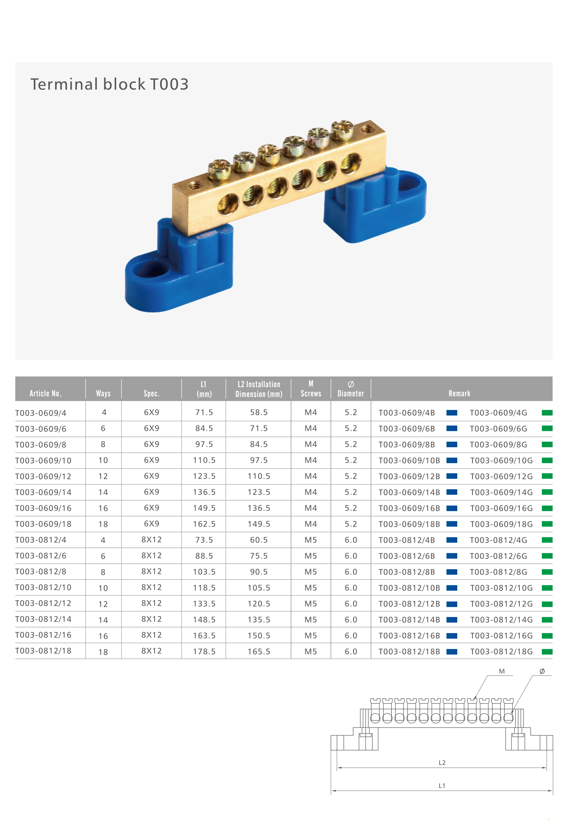 T003 Series Copper Terminal Blocks 4/6/8/10/12/14/16/18 Ways Screw distribution block with brass